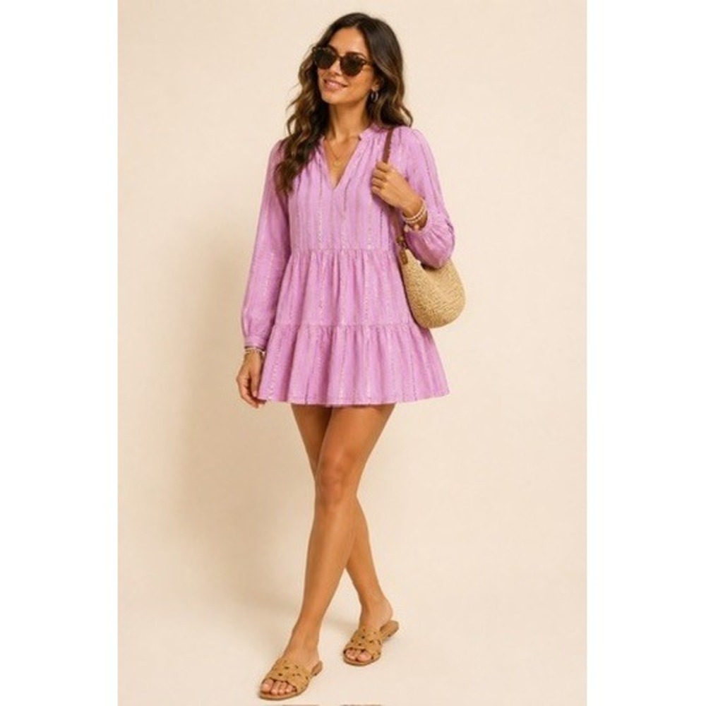 Area Stars Pink Gold Metallic Striped Tiered Cotton Mini Dress Womens Small - Picture 2 of 13